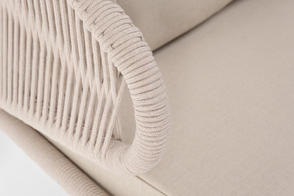 "Милан" диван 2-местный плетенный из роупа, каркас алюминий белый, роуп бежевый кругл, ткань бежевая