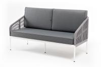 "Канны" диван 2-местный плетенный из роупа, каркас алюминий  белый, роуп светло-серый кругл, ткань Neo ash