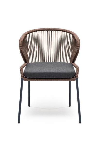 "Милан" стул плетенный из роупа, каркас алюминий серый(RAL7022), роуп коричневый кругл, ткань темно-серая