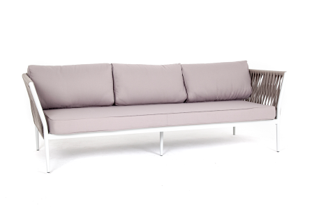 "Касабланка" диван 3-местный плетеный из роупа, каркас алюминий белый, роуп бежевый, ткань бежевая