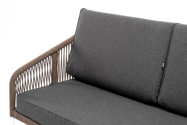 "Канны" диван 2-местный плетеный из роупа, каркас алюминий белый, роуп коричневый, ткань серая