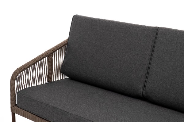 "Канны" диван 2-местный плетеный из роупа, каркас алюминий коричневый, роуп коричневый, ткань серая