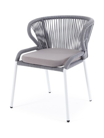 "Милан" стул плетенный из роупа, каркас сталь белый, роуп светло-серый кругл, ткань серая