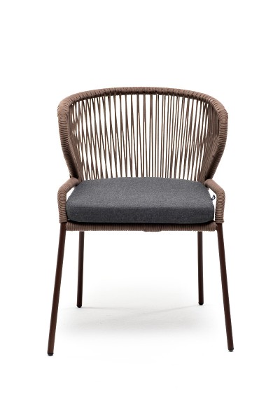 "Милан" стул плетенный из роупа, каркас алюминий коричневый(RAL8016), роуп коричневый кругл, ткань темно-серая