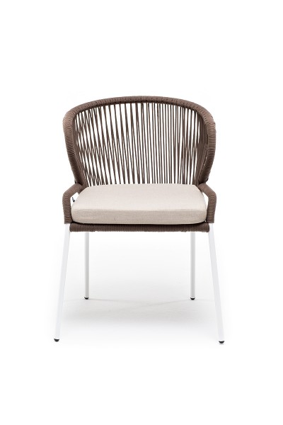 "Милан" стул плетенный из роупа, каркас алюминий белый, роуп коричневый кругл, ткань бежевая