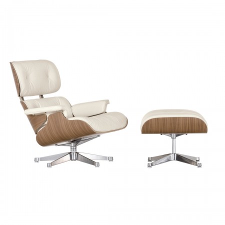Кресло Eames Style Lounge Chair Ottoman Premium белая кожа/Орех