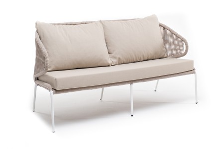 "Милан" диван 2-местный плетенный из роупа, каркас алюминий белый, роуп бежевый кругл, ткань бежевая